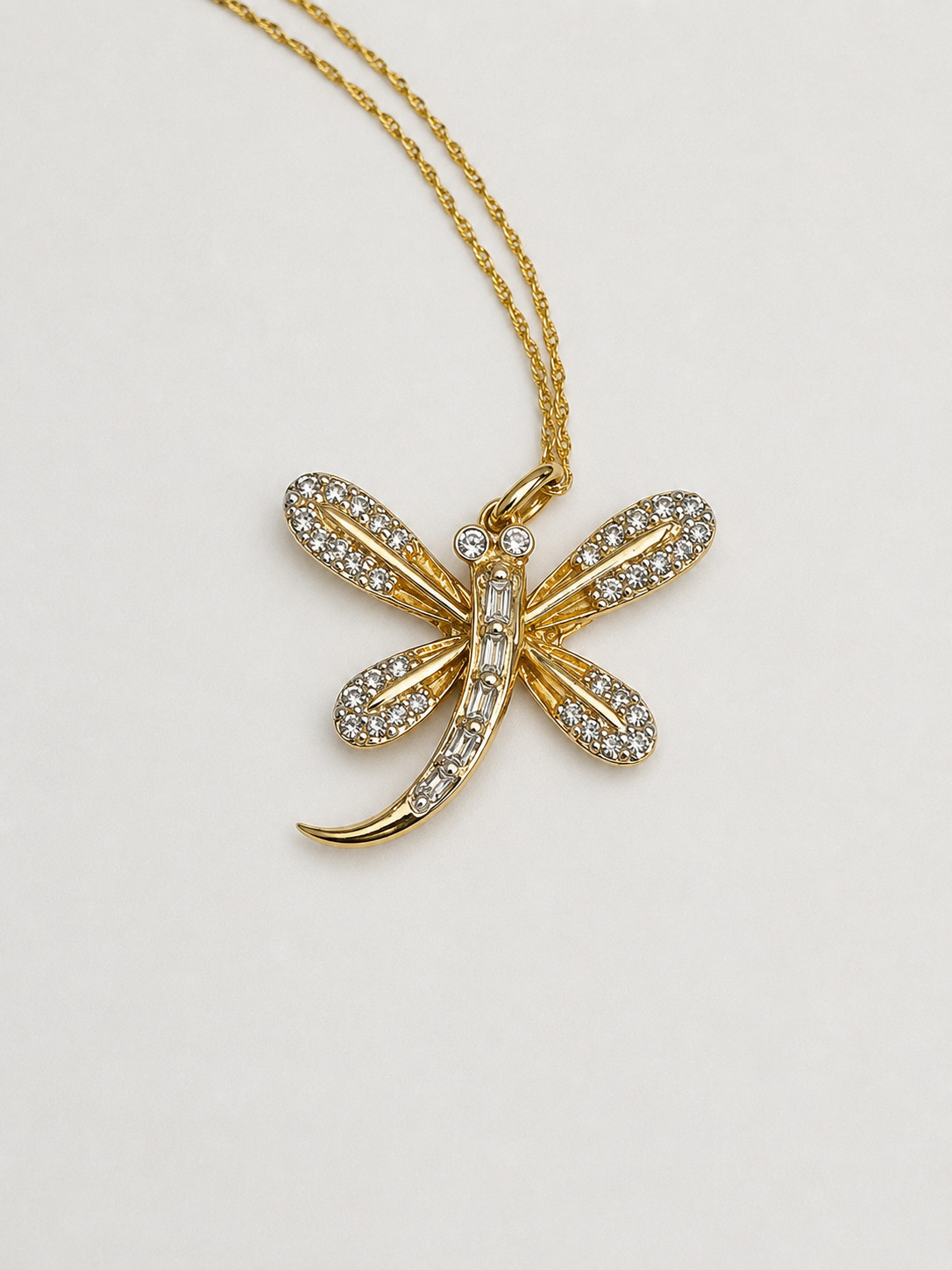 10K YELLOW GOLD DIAMOND 7/10th INCH DRAGONFLY PENDANT NECKLACE 18 INCH