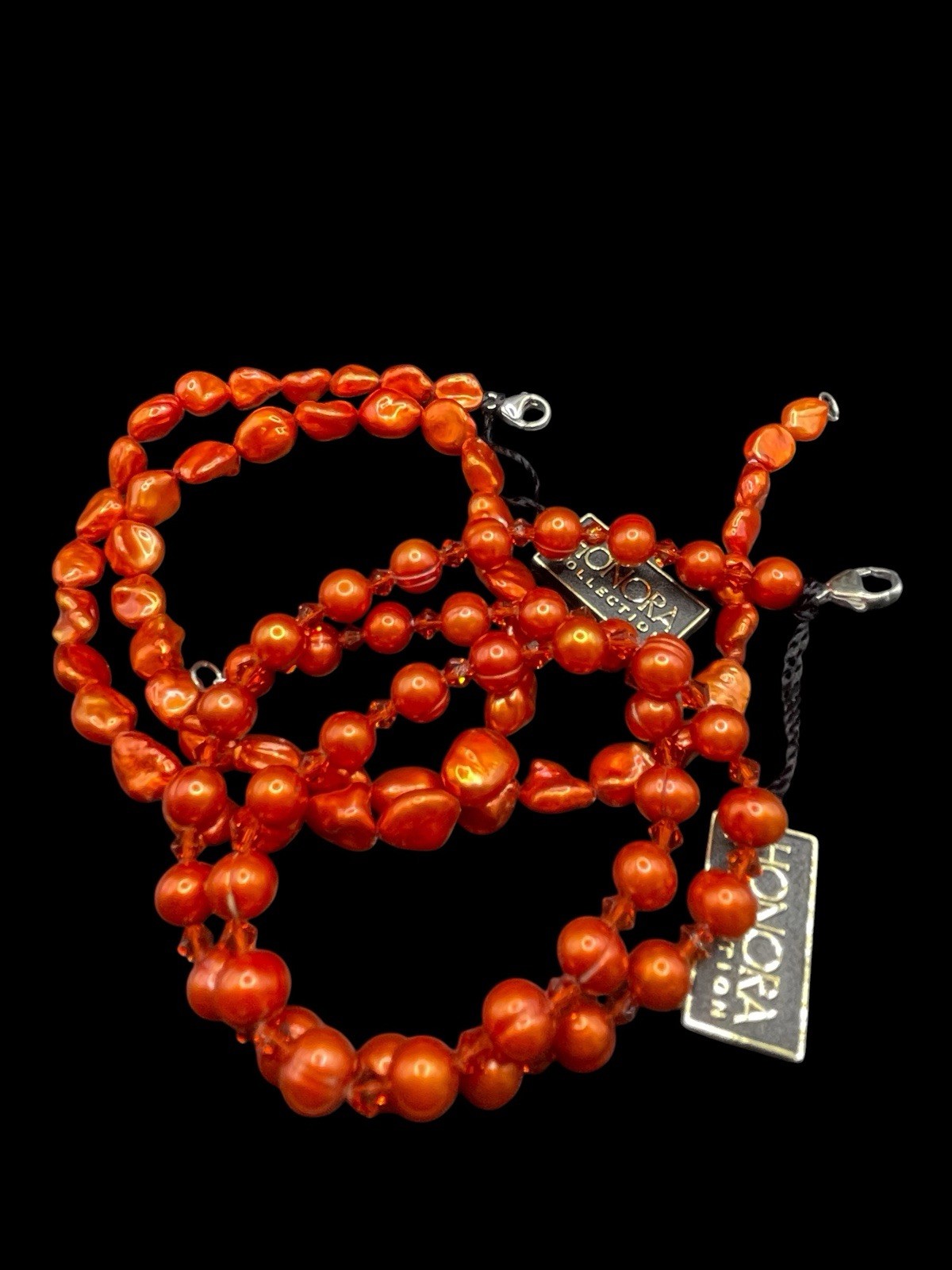 SET OF TWO STRANDS HONORA METALIC ORANGE FRESHWATER PEARL NECKLACES NEW IN BOX