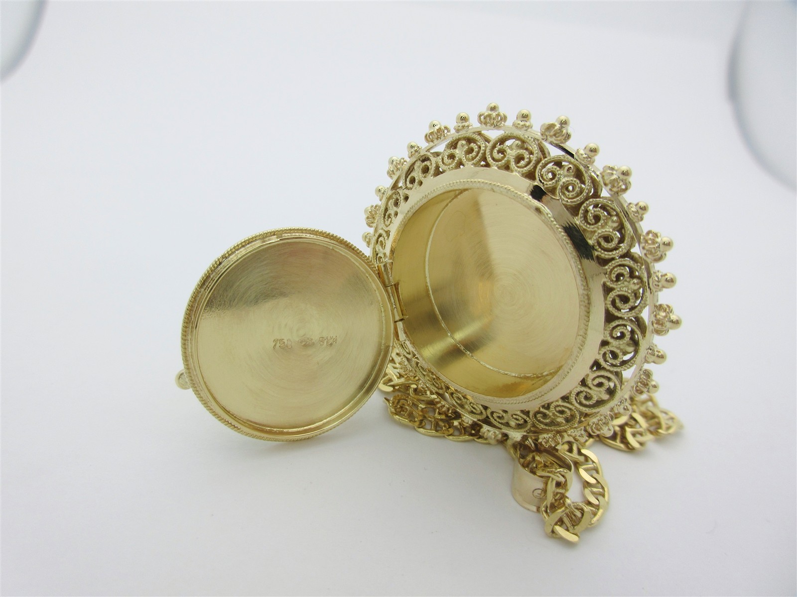 18K Antique Filigree Necklace Pill Box Stash Reversible Locket Gemstone 23″ N437