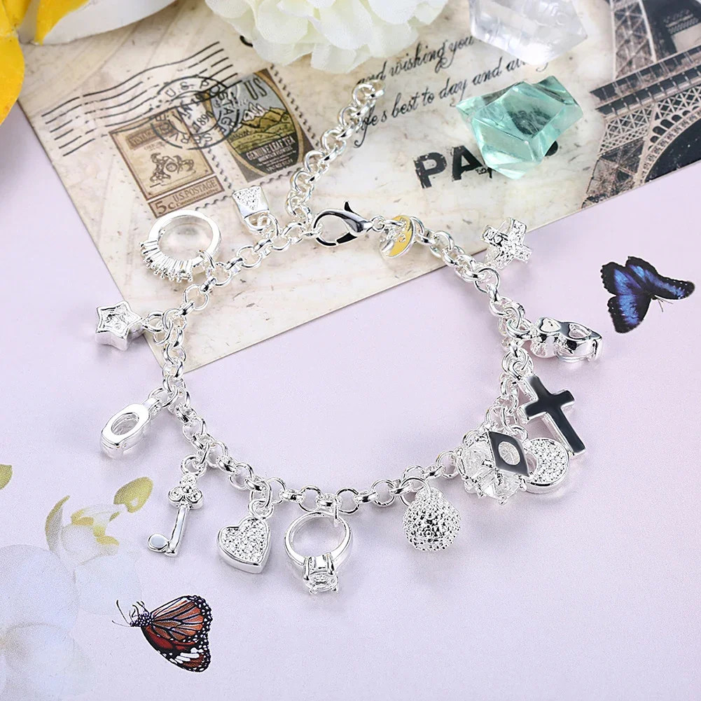 Fashion 925 Sterling Silver Bracelet for Woman Pretty Heart Zircon Pendant Chain