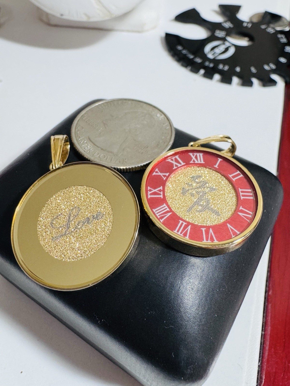 K18 Japan Real Gold Pendant Love Red & Gold 6.8g Reversible w/ Glass on Top
