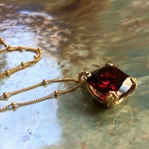 14k Yellow Gold Plated Silver 2.67Ct Lab Created Garnet Pendant 18 Chain Cushion