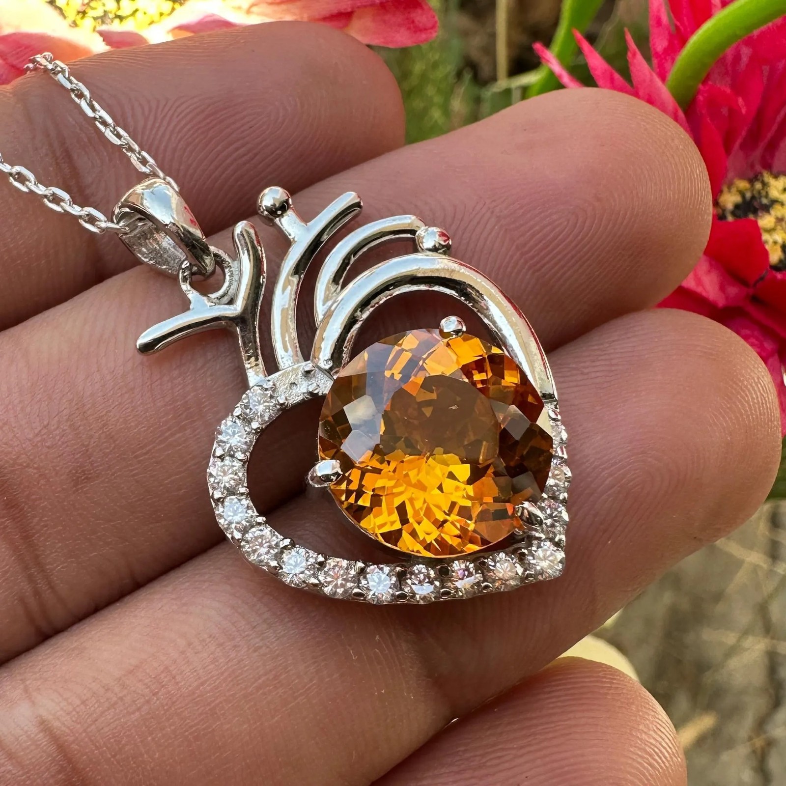 Certified Orange Sapphire 27 Ct Heart Pendant Necklace 925 Sterling Silver