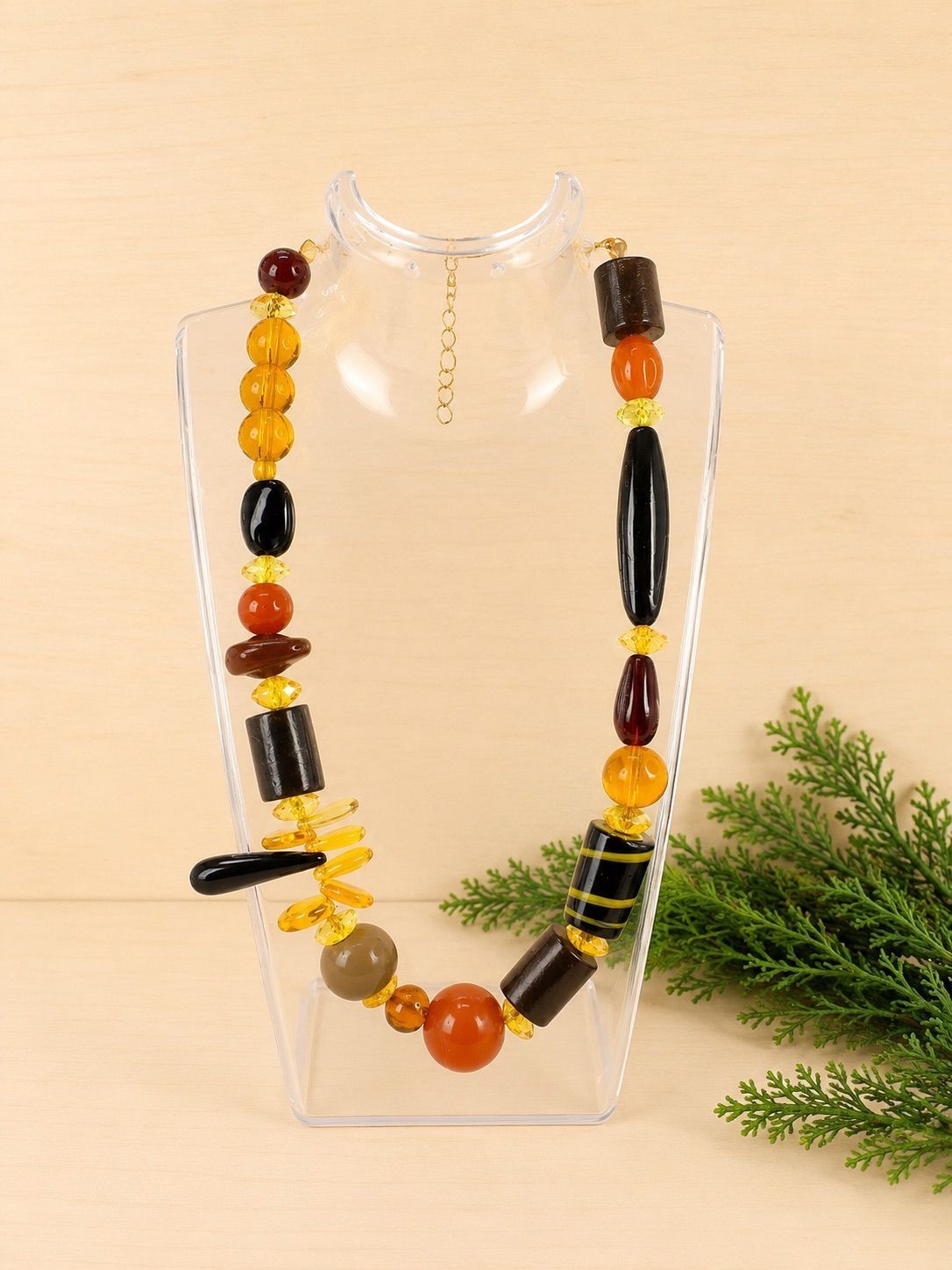Boho Necklace Featuring Yellow-to-Brown Glass Beads in Various Shapes