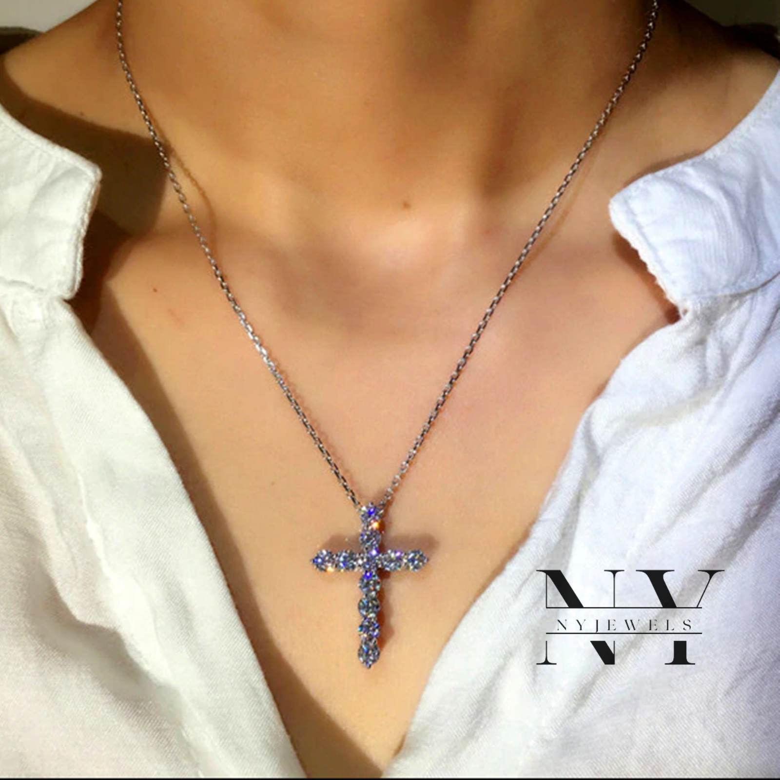 3 CT Round Brilliant Cut Moissanite Cross Wedding Pendant Solid 14K White Gold