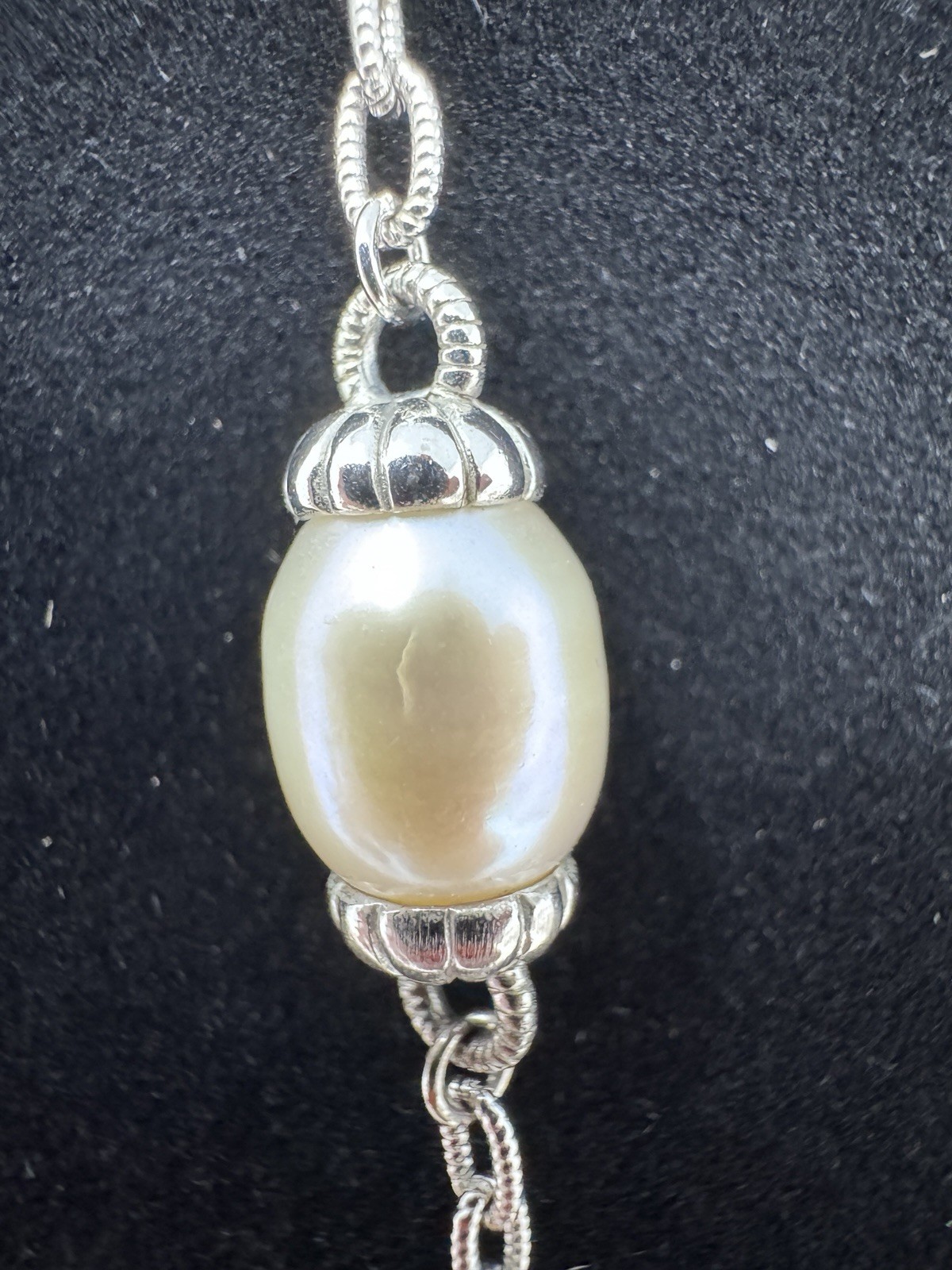 Judith Ripka Sterling Silver Pearl CK 925 Heart Pendant Station Necklace 20”