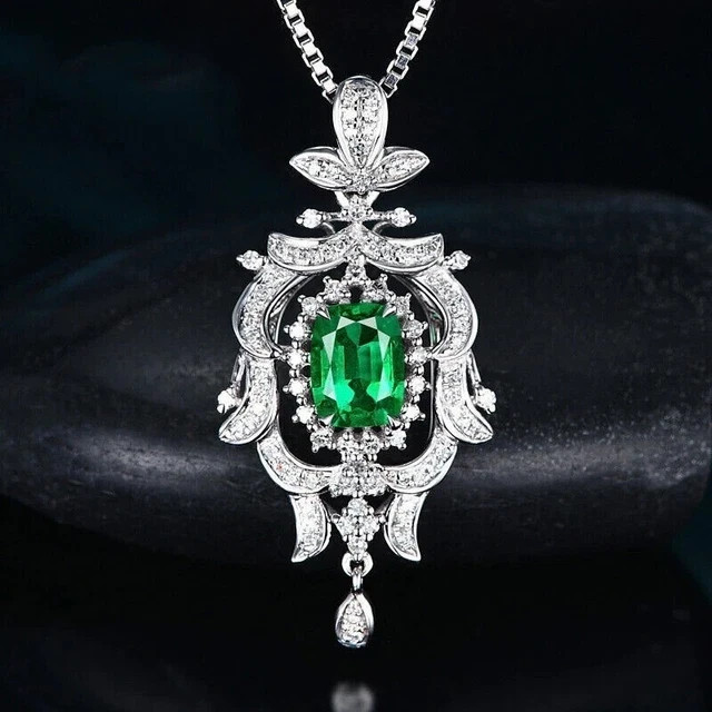 Lab Created Emerald 2.30Ct Oval Cut Elegant Halo Pendant 14K White Gold Plated