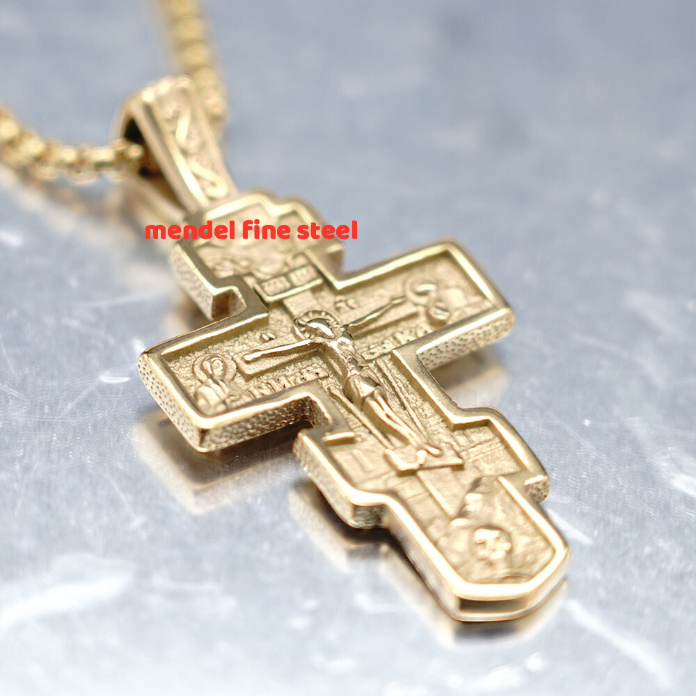 MENDEL Mens Gold Russian Orthodox Jesus Crucifix Cross Pendant Necklace For Men
