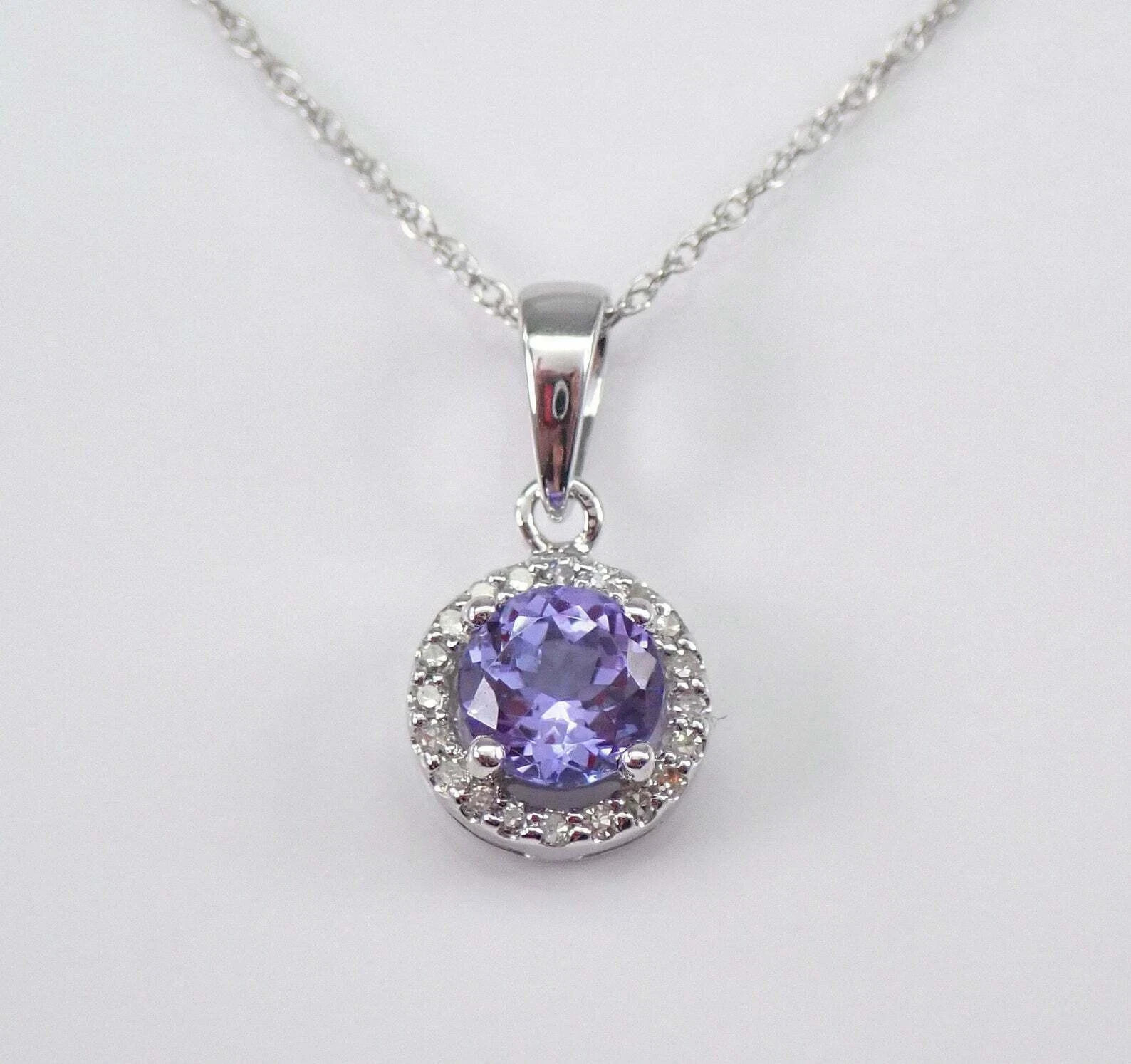 2Ct Round Cut Blue Tanzanite Halo Pendant Solid 14K White Gold Finish Free Chain