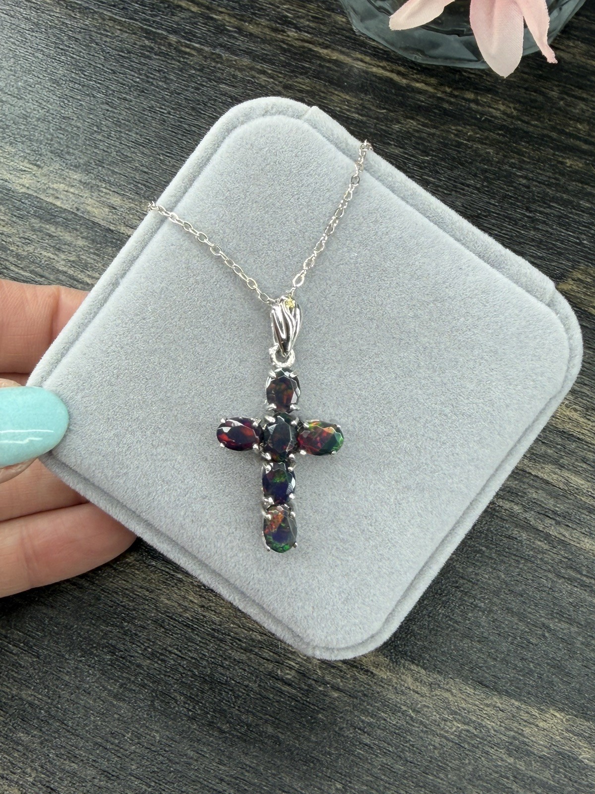 Stunning Natural Rainbow Black Opal Cross 3CT Pendant Necklace 925 Sterling