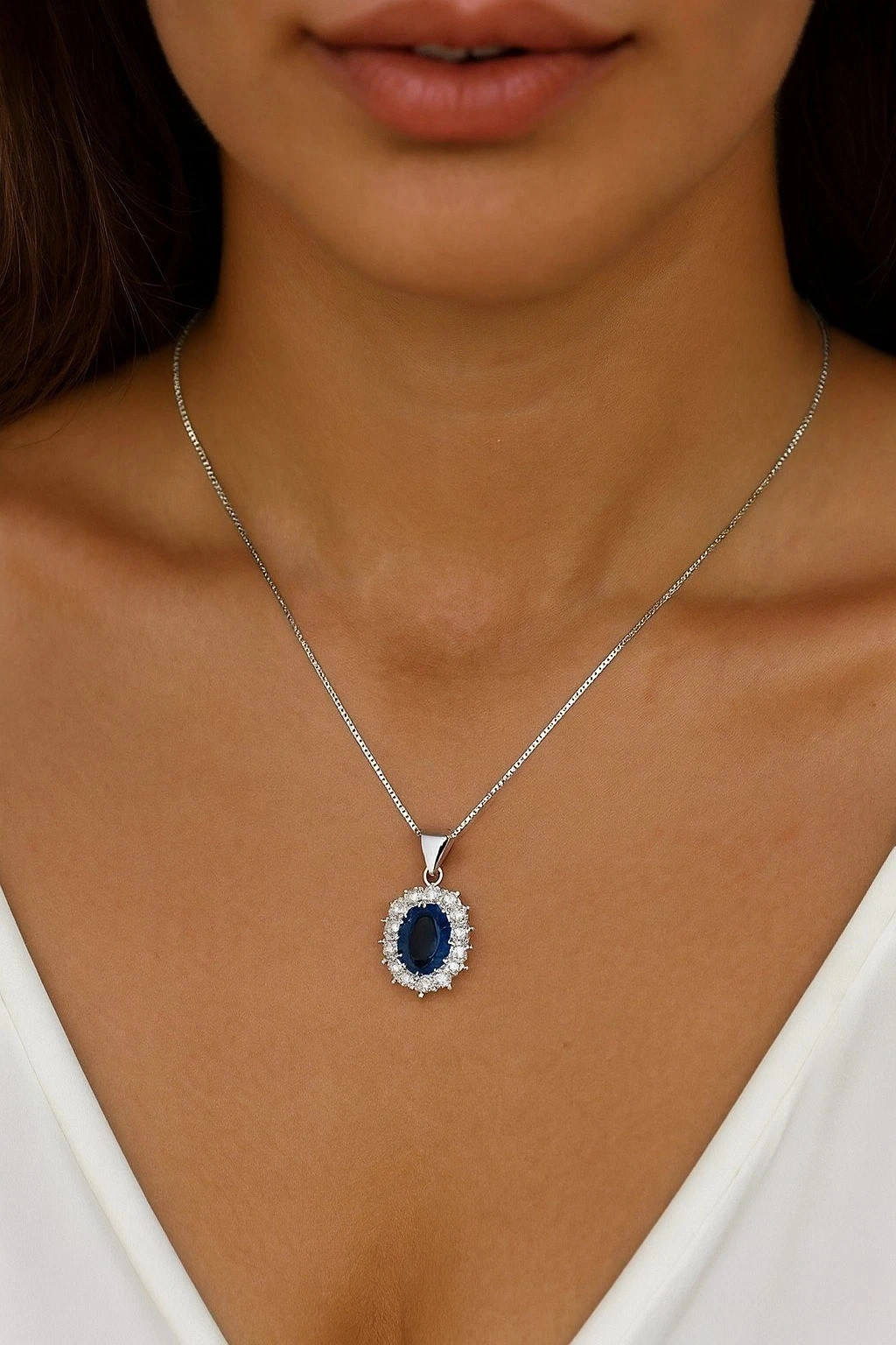 4Ct Oval Cut Natural Blue Sapphire & Diamond 14K White Gold woman gift Pendant