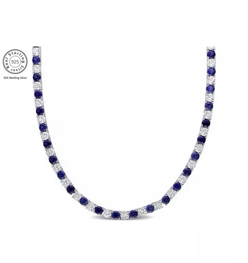 18CT Blue & White Lab Created Diamond Necklace 14K Gold Plated Sterling 19,5”