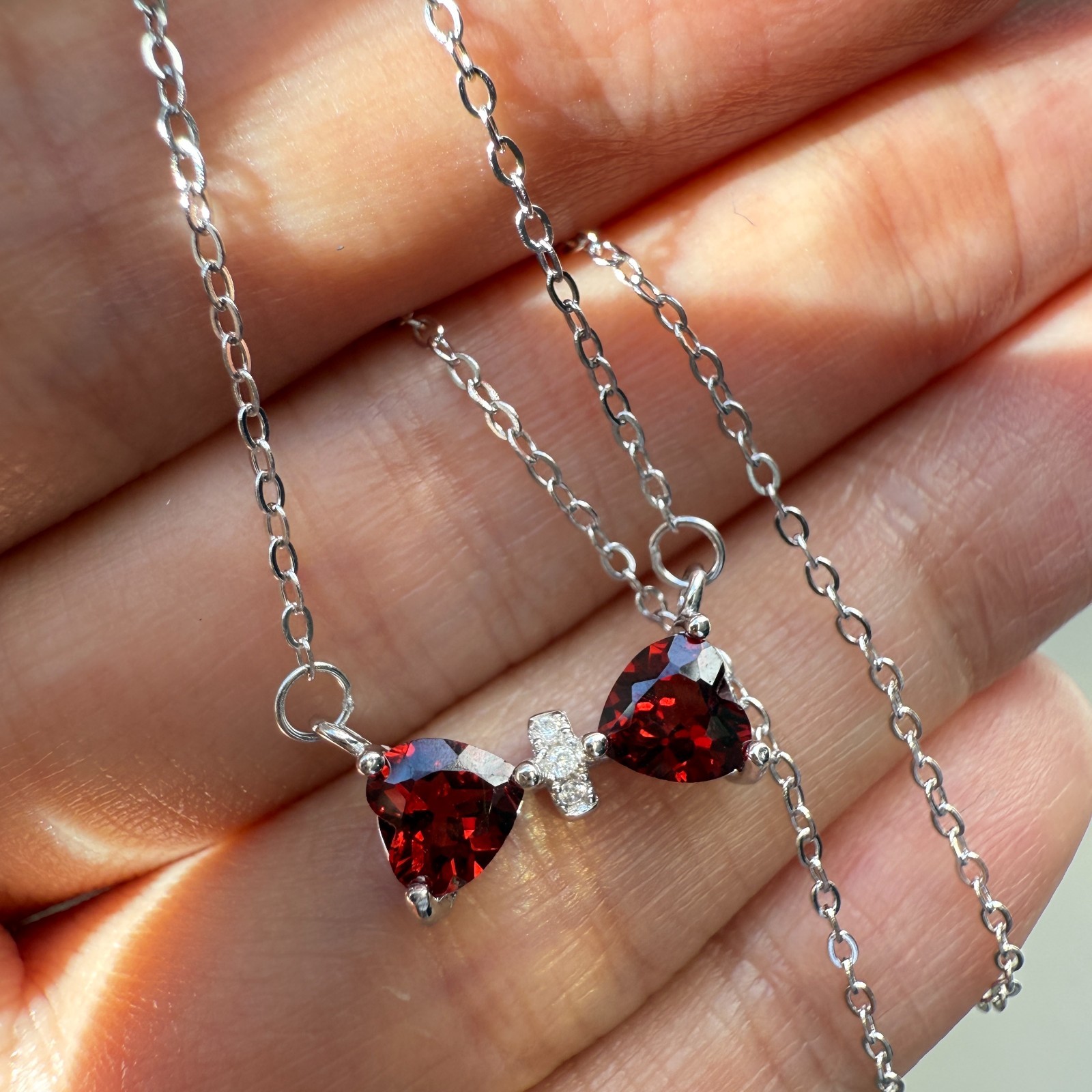 925 Sterling Silver Necklace 5mm Heart Natural Garnet Gemstone Zircon Chain Bow