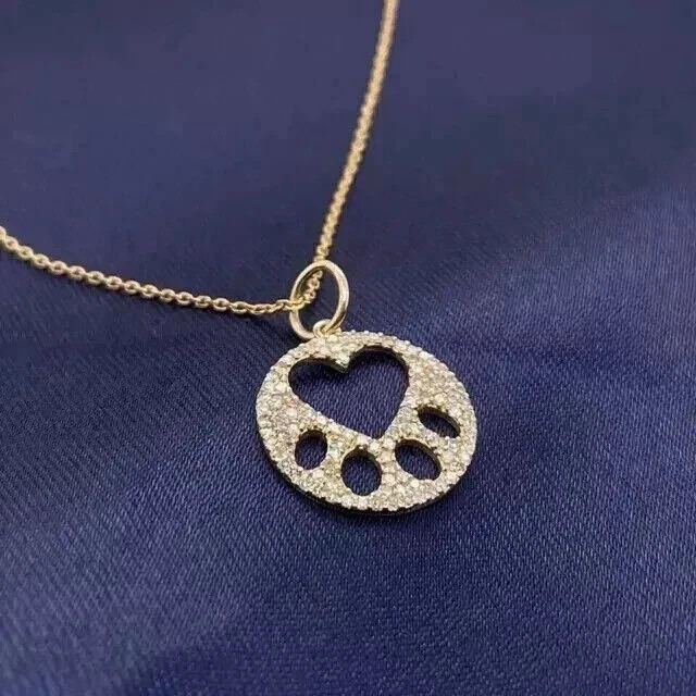 1.50 Ct Round Cut Real Moissanite Paw Pendant Necklace 14K Yellow Gold Plated