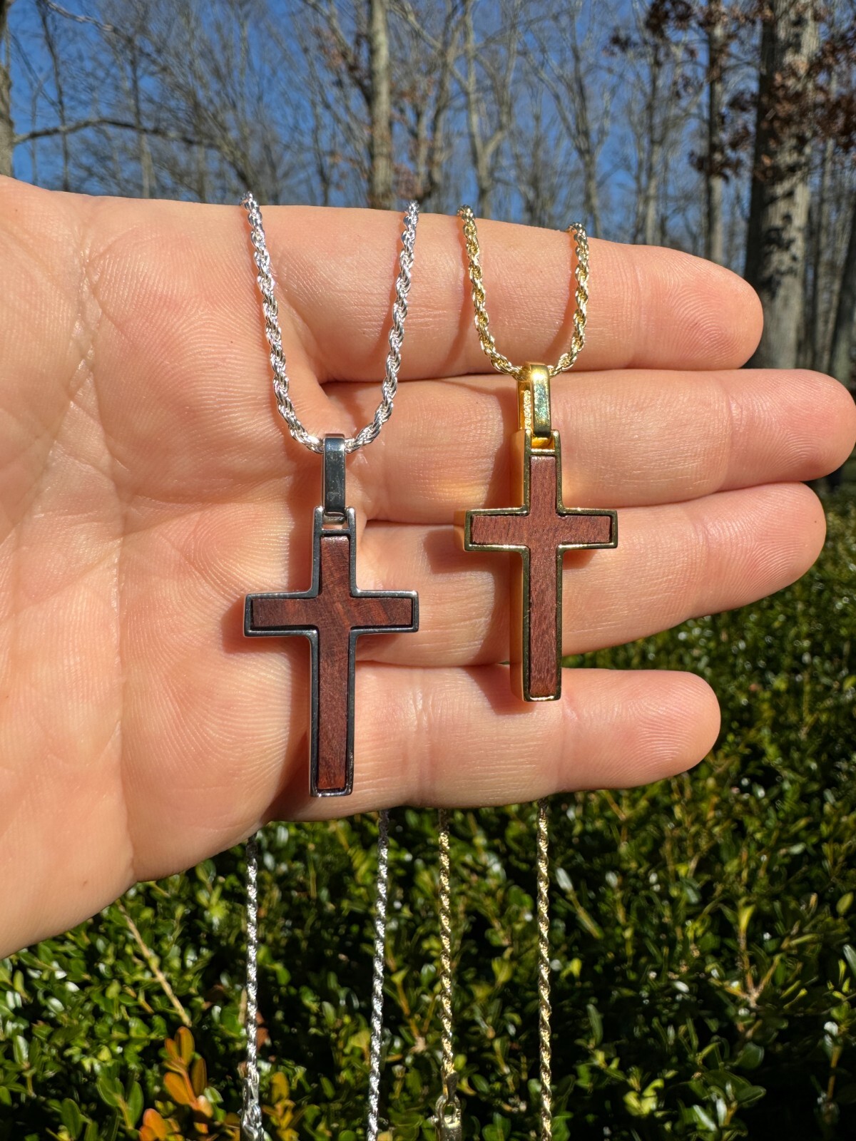 Real 925 Silver & Wood Inlay Plain Religious Cross Pendant Necklace Handmade