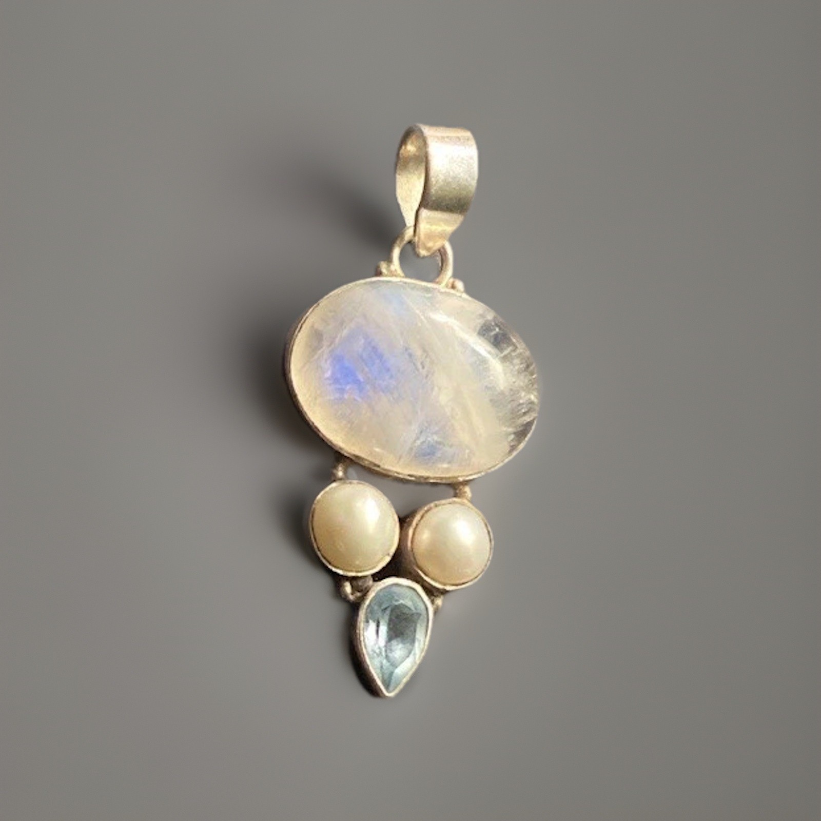 Moonstone, Aqumarine & Cultured Pearl Pendant 925 Silver 4cms Long 7 Grams