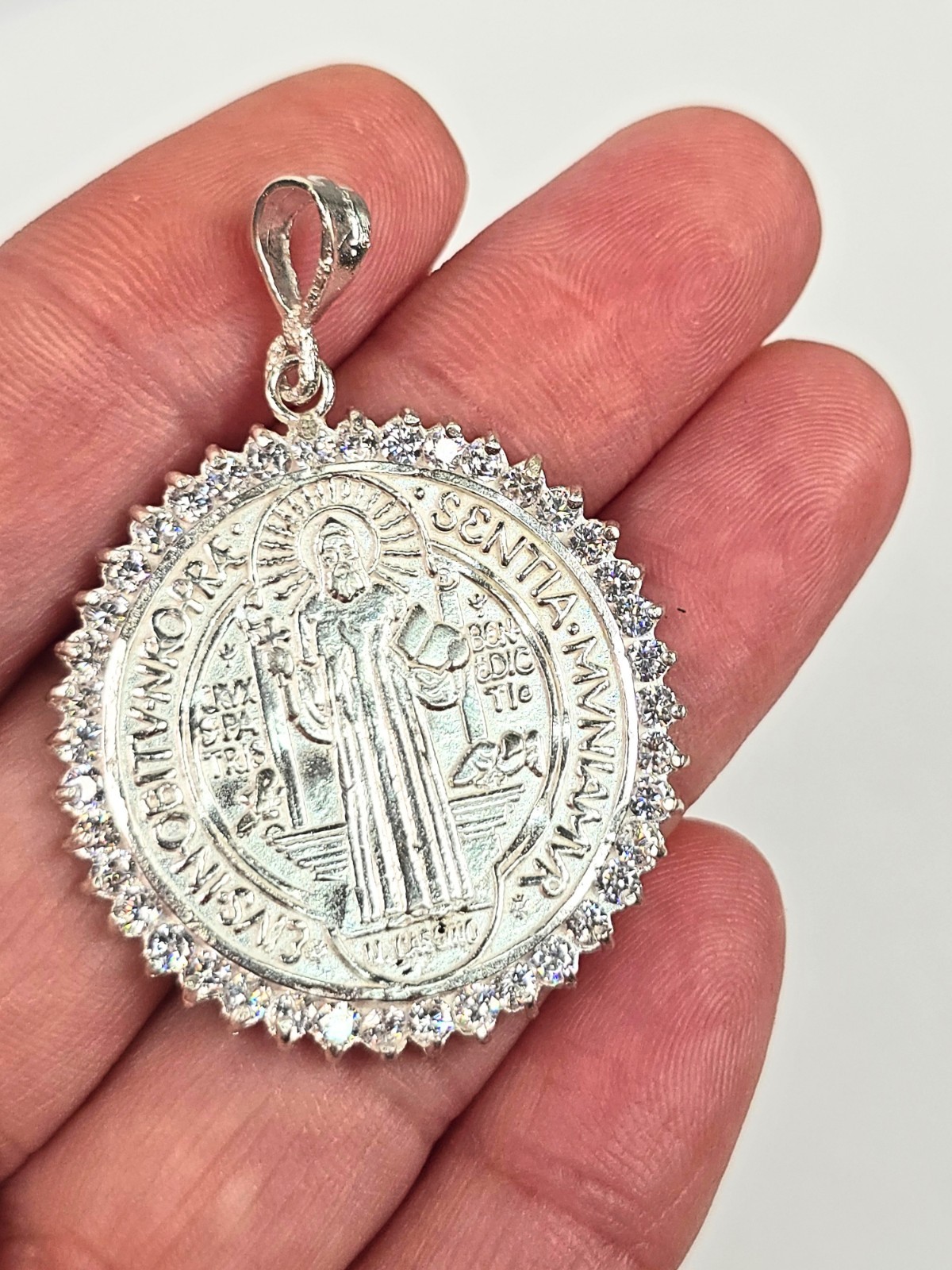 Saint Benedict Medal Pendant CZ Large San Benito 925 Sterling Silver 37mm