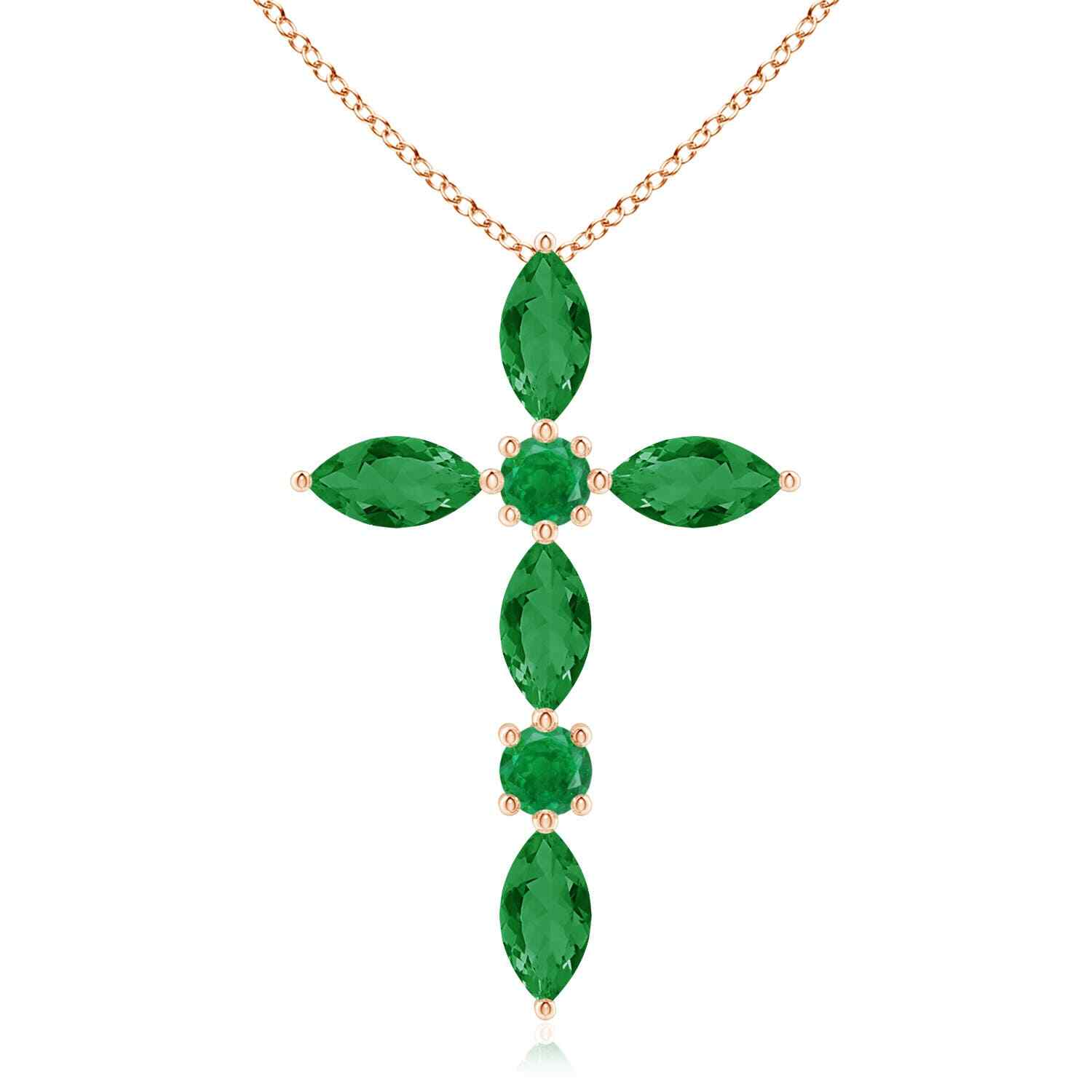 ANGARA Marquise and Emerald Cross Pendant in 14K Gold (Grade-AA, Size-5×2.5)
