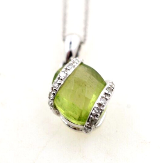 14K White Gold Chain W/ Peridot & Diamond Pendant EXCELLENT