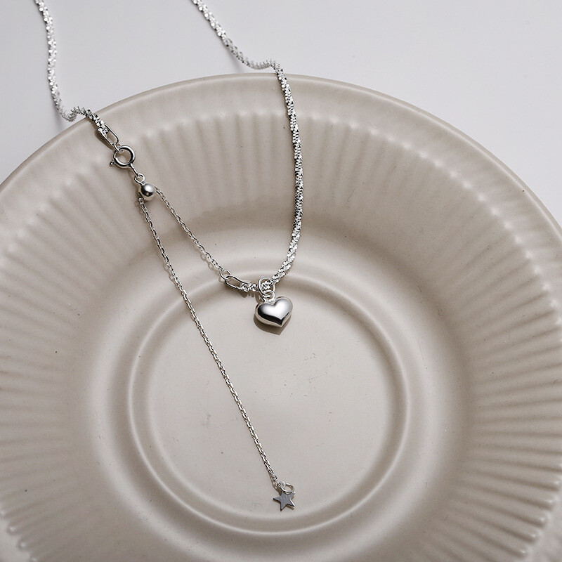 Woman Real S925 Sterling Silver Glossy Heart Charm Italy Sequins Chain Necklace