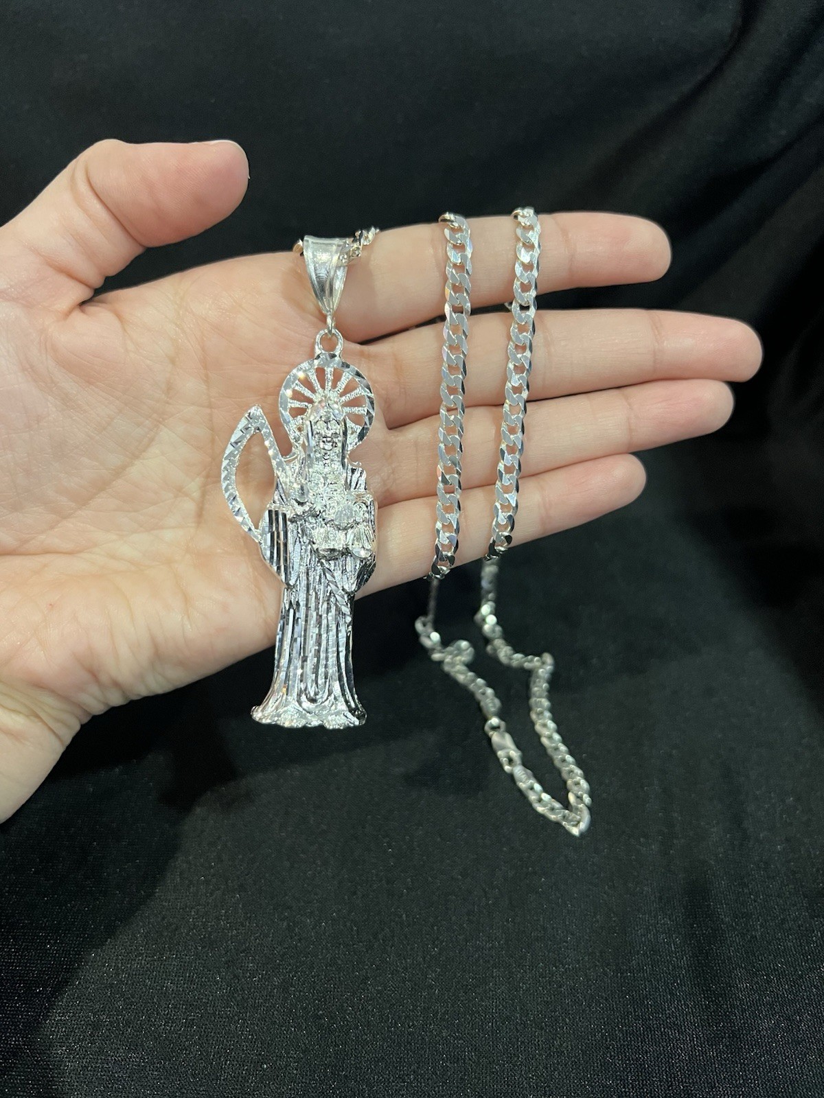 925 Sterling Silver BIG Men Women Santa Muerte Grim Reaper Curb Chain 20 24 30