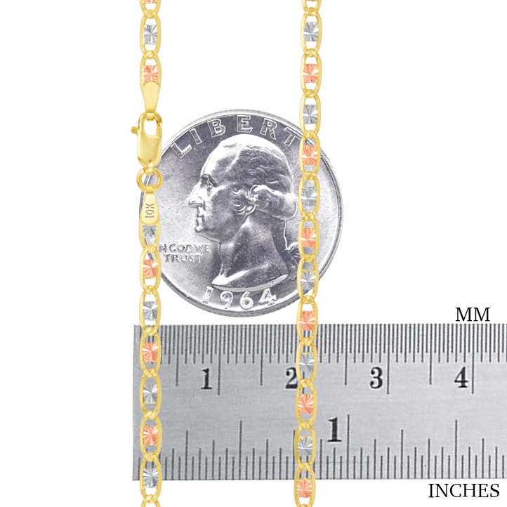 10K Solid Tri-Color Yellow Rose White Gold 3mm Valentino Chain Necklace 16″- 26″