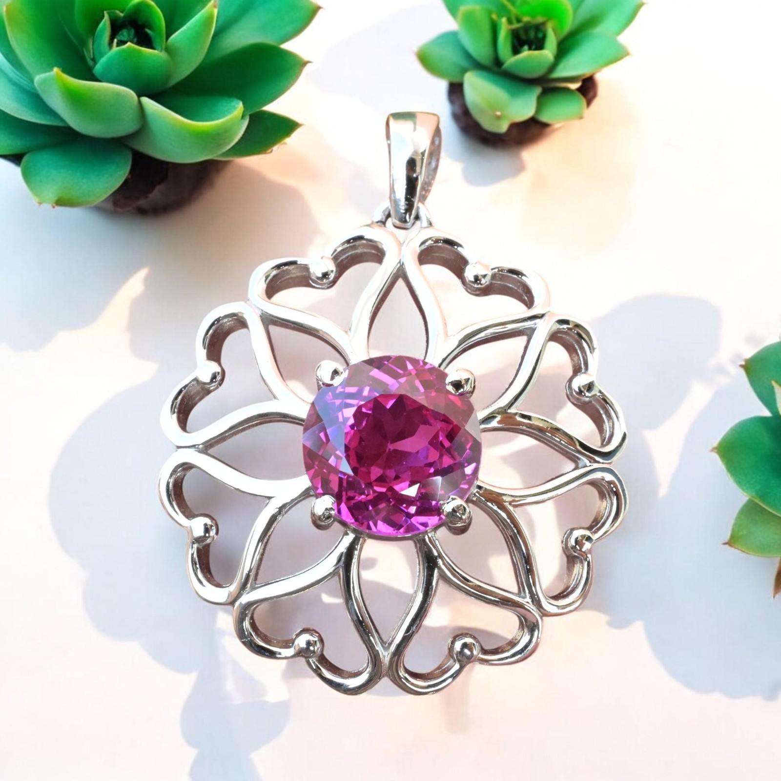 Certified Pink Sapphire 32 Ct Flower Shape Pendant 925 Sterling Silver MG002