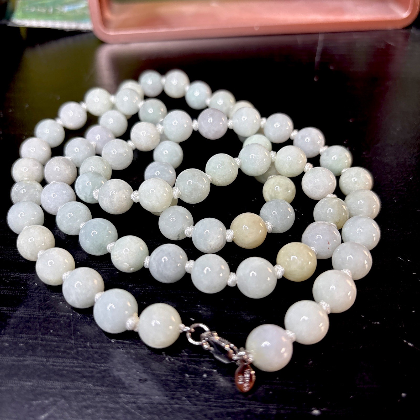 Vintage Gray Jade Jadeite 8 mm Hand Knotted Beads 30” Long Necklace. 109g