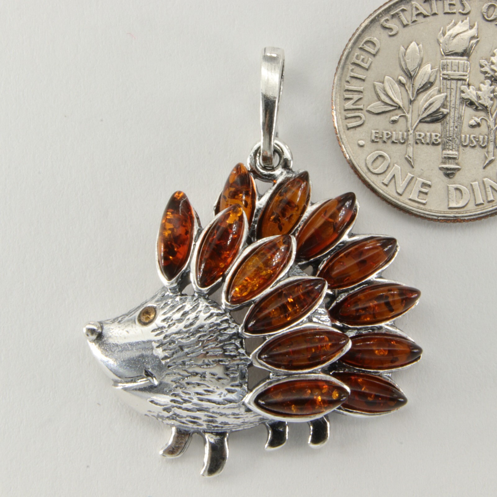 Natural Cognac / Brown BALTIC AMBER Hedgehog Pendant 925 STERLING SILVER #5243e
