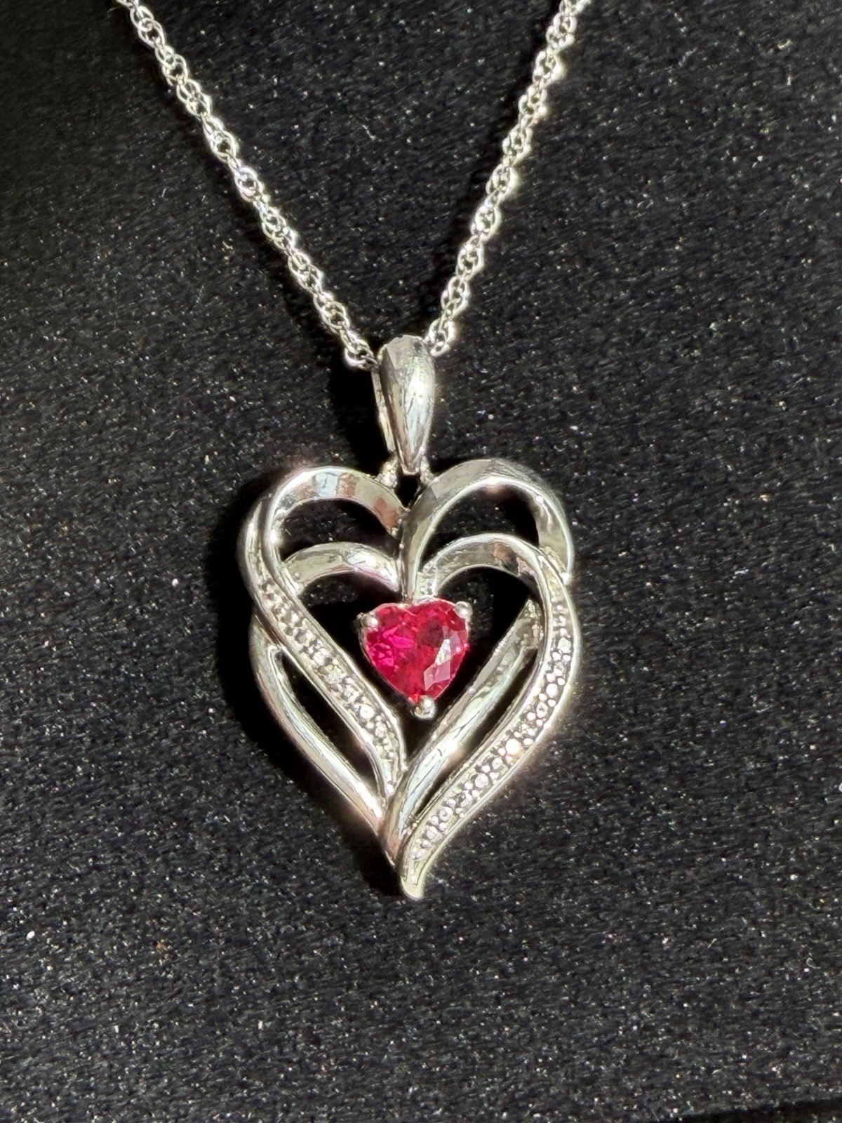Diamond & Ruby Sterling Silver Heart Pink Stone Pendant Necklace Kay retail $200
