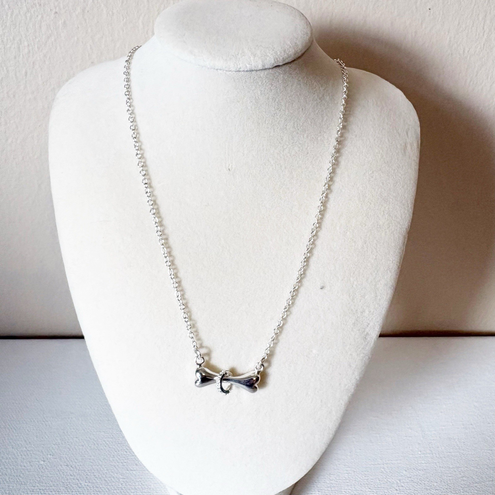 Sterling Silver Dog Bone Pave CZ Slide Pendant Necklace