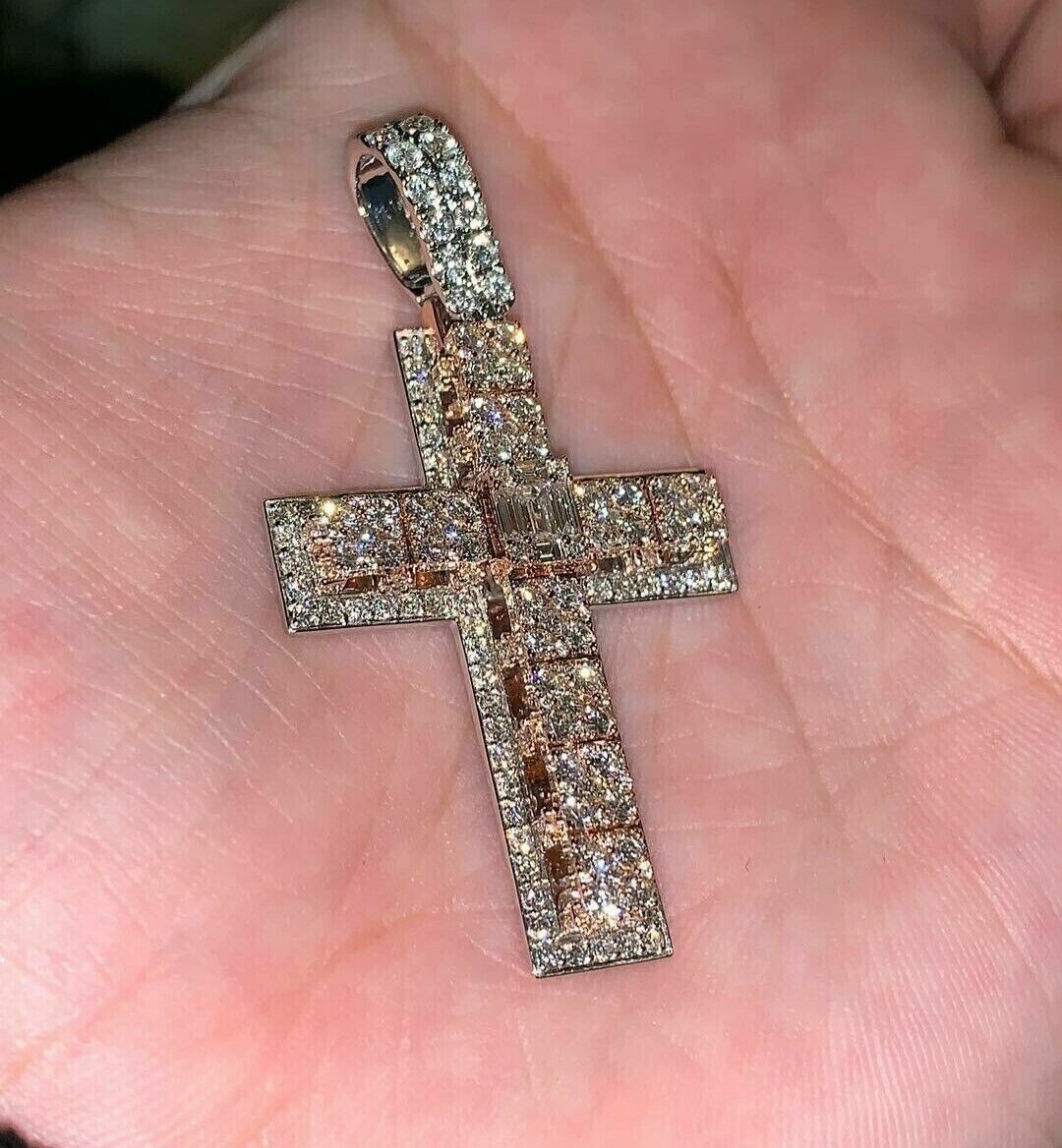 3Ct Lab Created Diamond Cross Pendant 14K Rose-White Gold Plated 18″Chain Free
