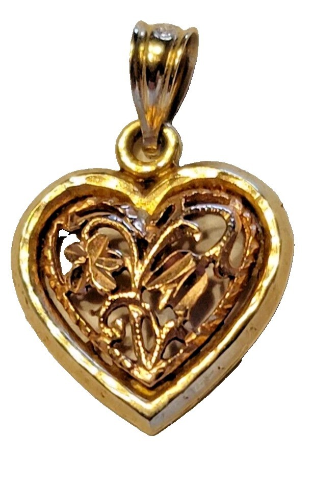 14K Yellow & Rose White Gold Heart Flower Pendant