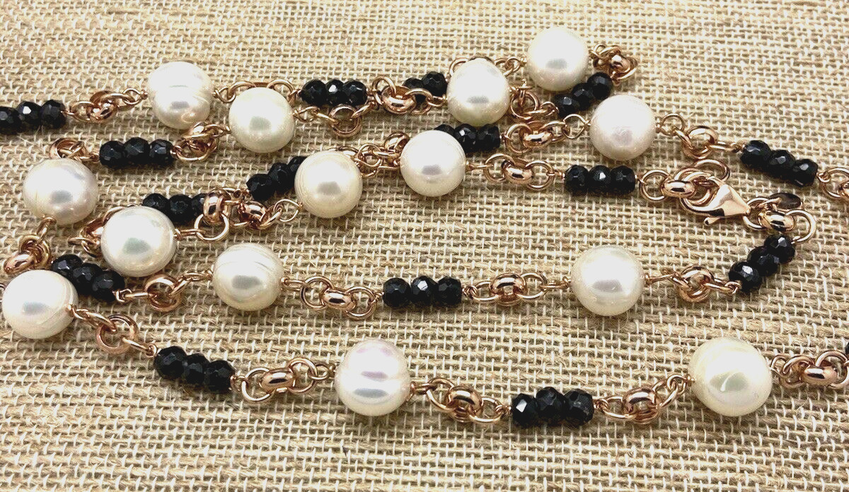 HONORA WHITE PEARL & BLACK BEAD NECKLACE BRONZE MILOR ITALY NEW IN BOX