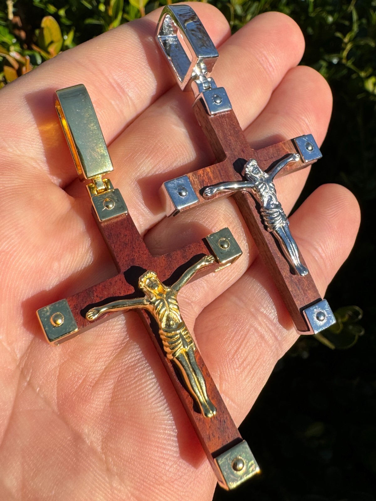 Plain Real 925 Silver & Natural Wood Jesus Cross Pendant Necklace ITALY Handmade