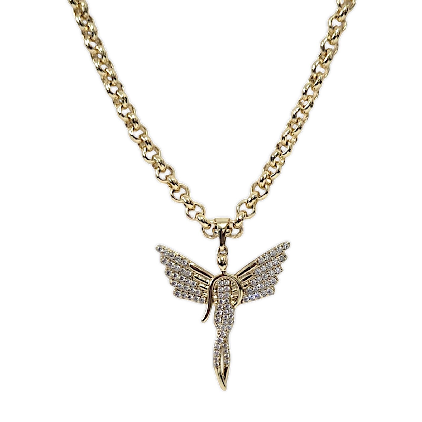 Gold Angel Pendant, Silhouette Angel Wings on 5mm Belcher Chain 30″ 9ct Guilded