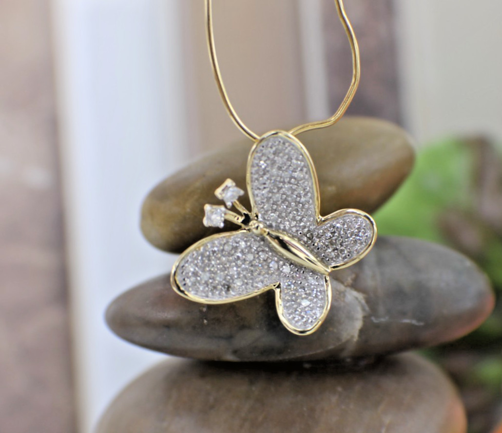 Solid 10K Yellow Gold Diamond pave Butterfly Pendant 0.32 carats Freedom Renewal