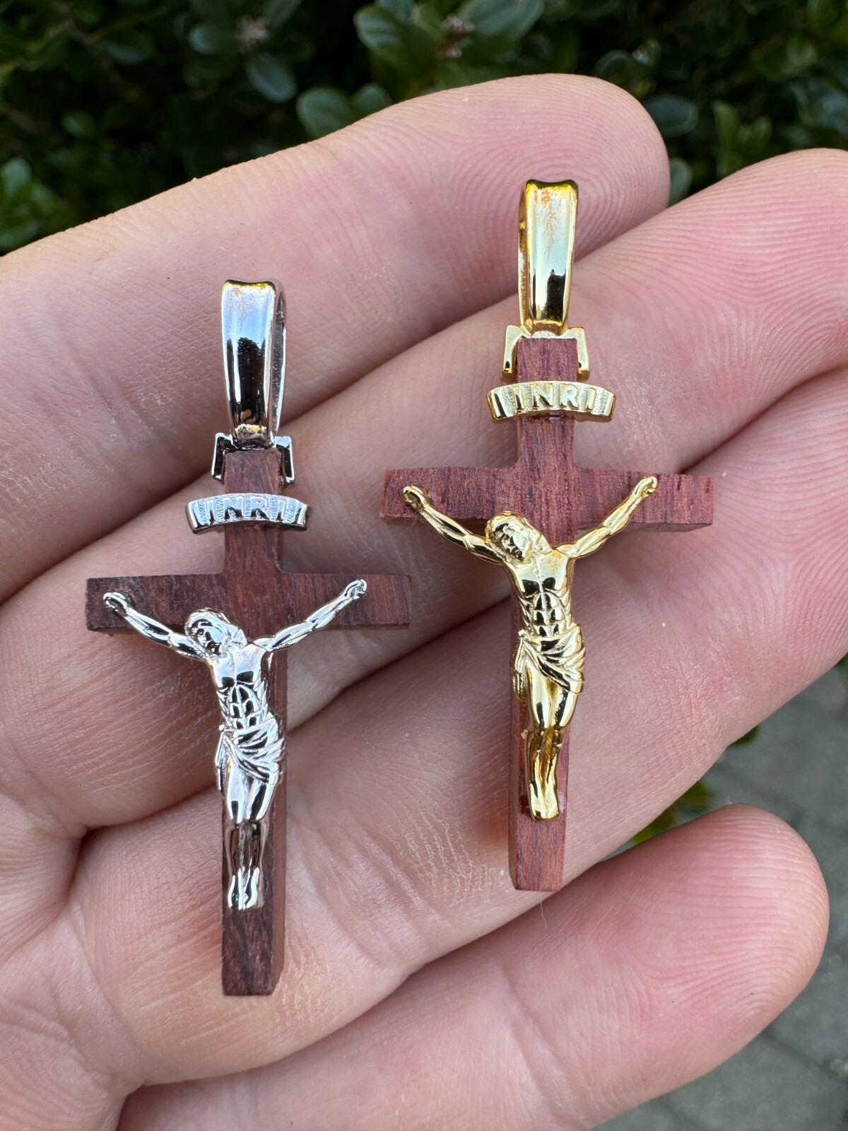 Mens Real 925 Silver Red Cherry Walnut Wood Jesus Cross Pendant Necklace 1.25″