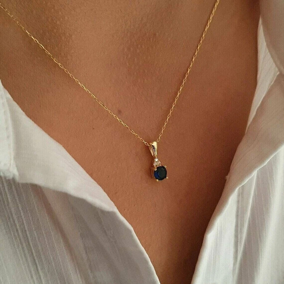 1.0Ct Round Cut Blue Sapphire Diamond Lab Created Pendant 14k Yellow Gold Plated