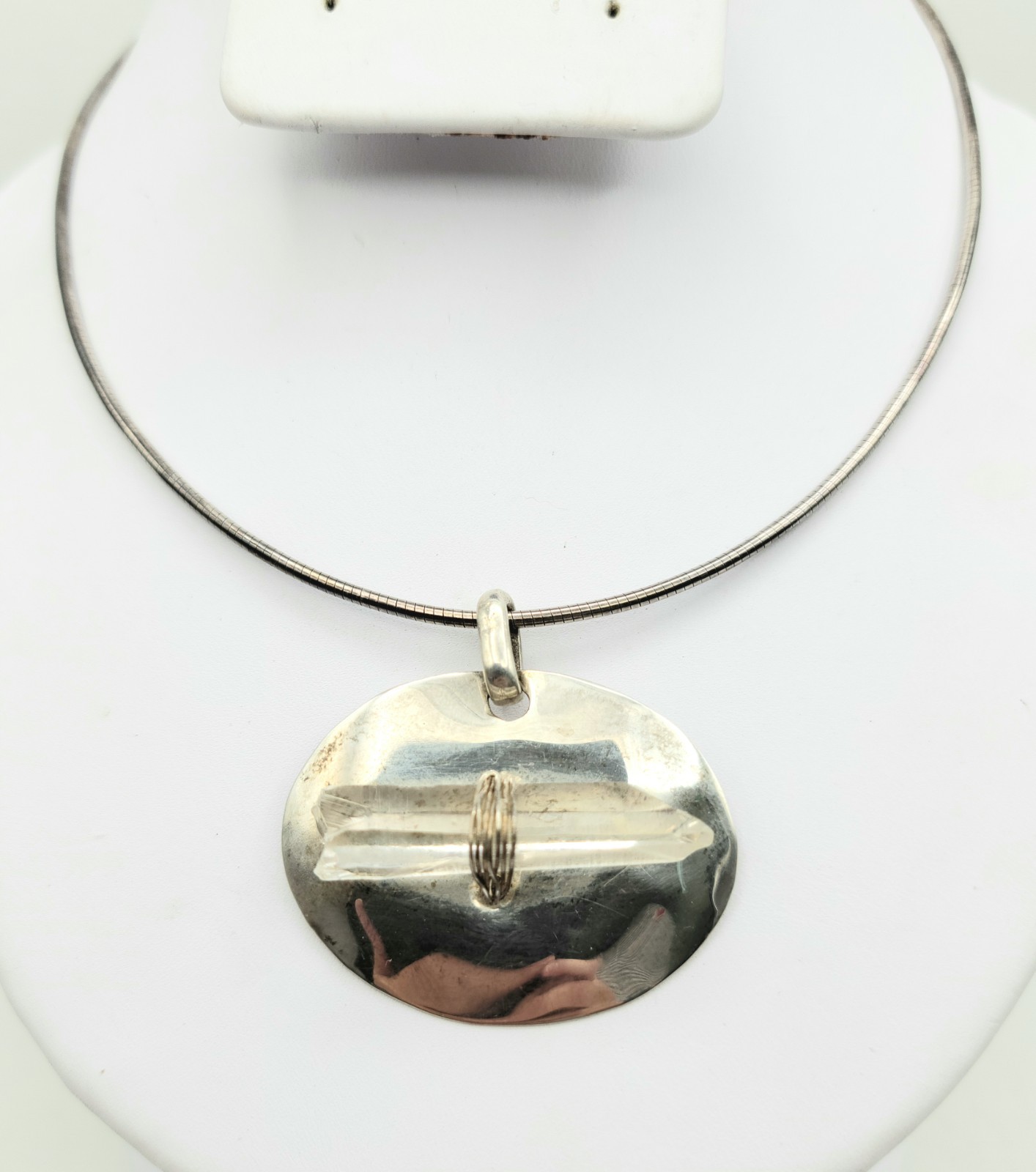 Sterling Silver Clear Crystal Quartz On Oval Silver Base Snake Chain 23gr Italy