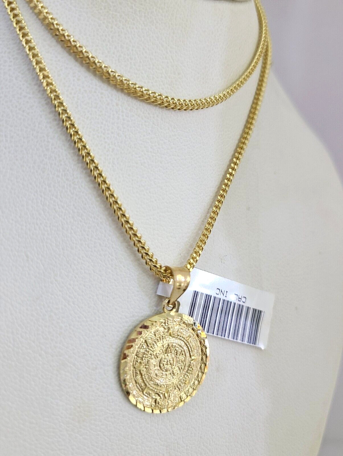 10k Gold Franco Chain Mayan Calendar Charm Pendant 2mm 18-24 Inches Necklace SET