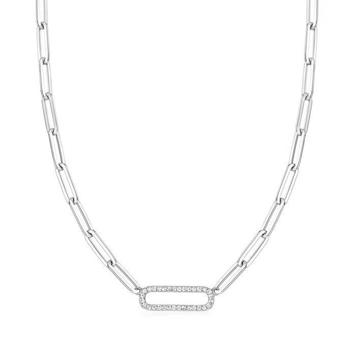 Paper Clip Trendy Necklace .40 ct. t.w. CZ Sterling Silver 17 inch To 19 inch