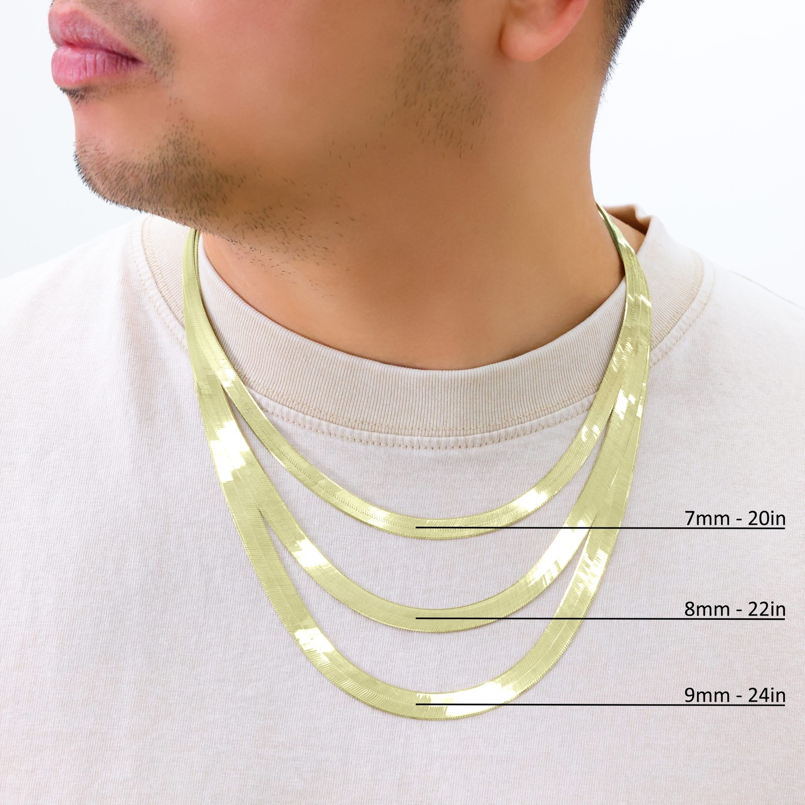 10K Yellow Gold Solid 3mm-9mm Flat Silky Herringbone Chain Necklace 16″- 24″