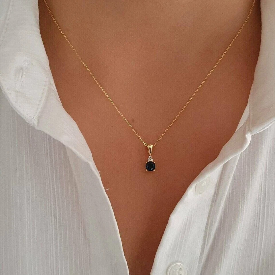1.0Ct Round Cut Blue Sapphire Diamond Lab Created Pendant 14k Yellow Gold Plated