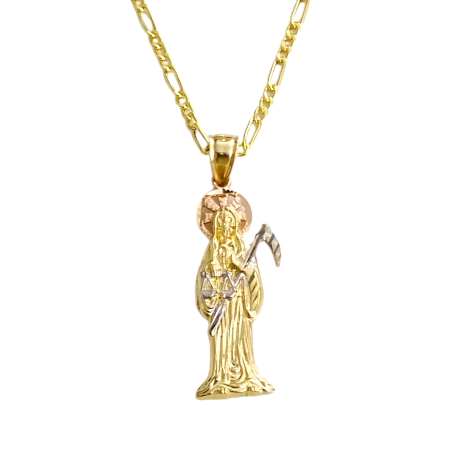 10K Solid Gold Santa Muerte Pendant – 2.2″ 10K Real Gold Grim Reaper – PA15