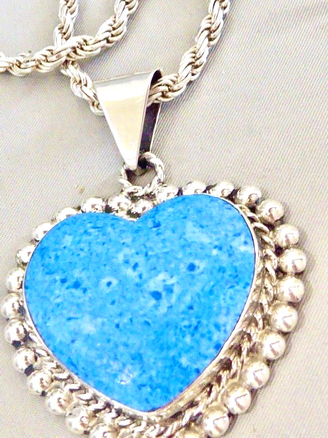 STUNNING 925 STERLING SILVER HEART SHAPE LAPIS TAXCO MEXICO PENDANT & CHAIN 26″