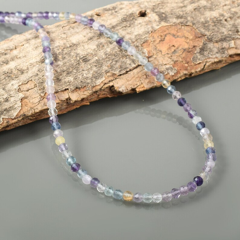 925 Sterling Silver Genuine Fluorite 3MM Round Faceted Gemstone Necklace 18″