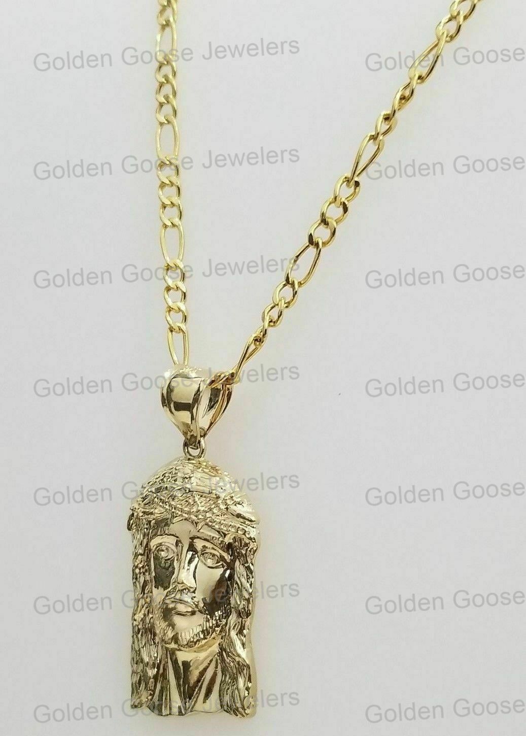 10K Yellow Gold Religious Jesus Face Pendant Charm 10K Figaro Chain 16″ – 24″