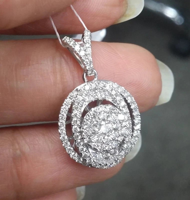Moissanite Cluster Halo Pendant Necklace 2CT Round Cut 14K White Gold Plated