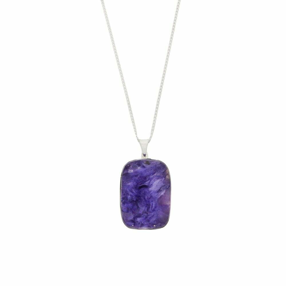 Charoite Sterling Silver Rectangular Shape Pendant & Chain DM003